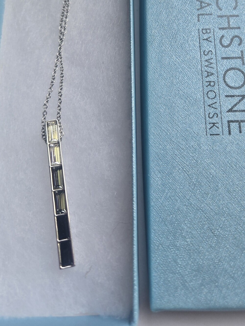 Touchstone Crystal Silver Rhodium Vertical Bar Necklace with Swarowski Crystals
